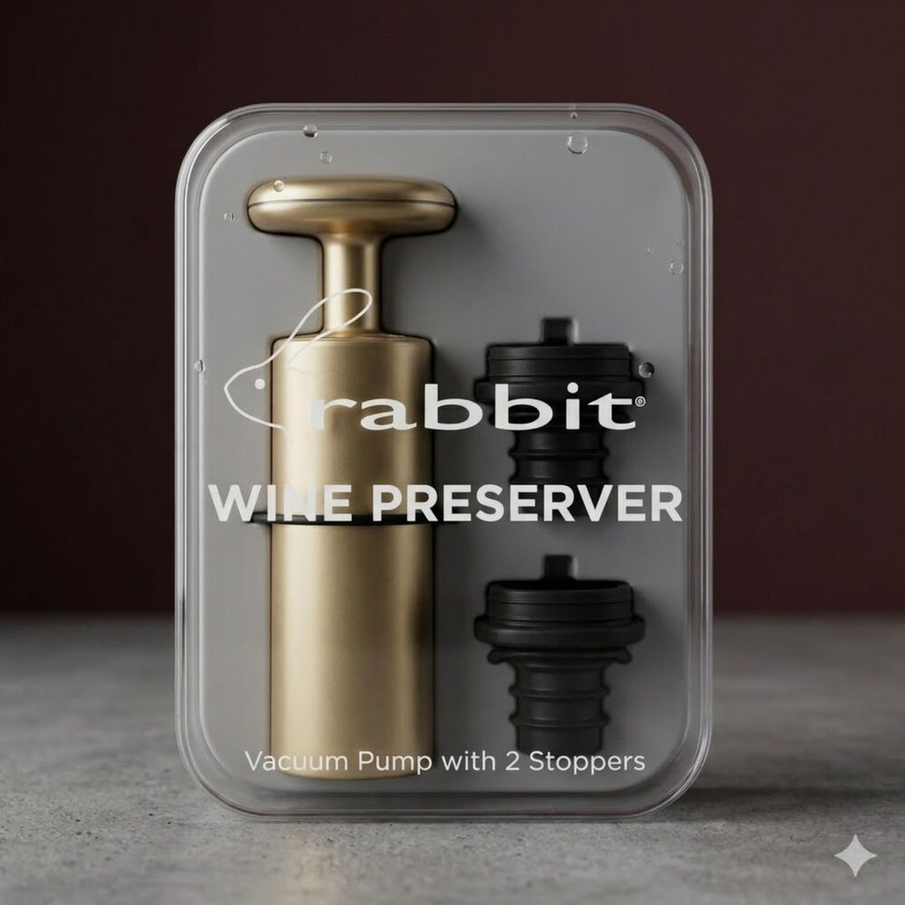 NEW Rabbit Wine Preserver Vacuum Pump Set Gold/Black Includes 2 Stoppers